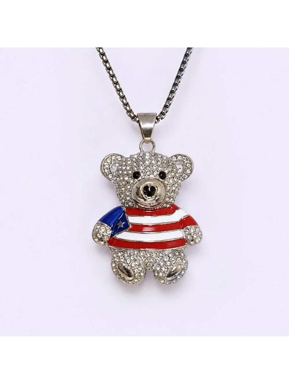 Stainless Steel Puerto Rican Flag Teddy Bear Necklace